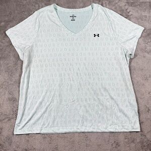 Under Armour Womens 2X Loose Fit Logo Print V-Neck Short Sleeve Top Mint